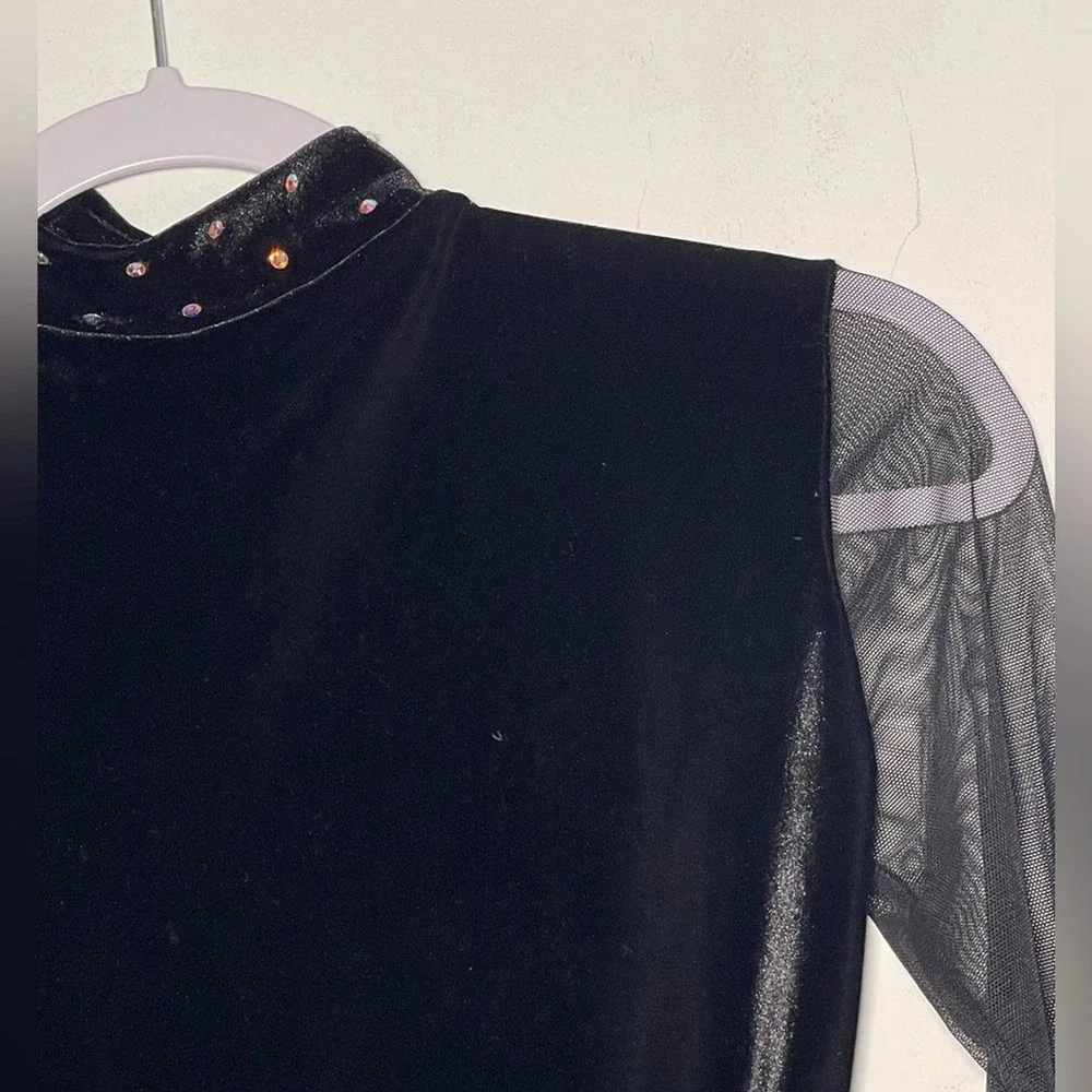 Carol Dupuis Jazz Skin Black Velvet Mesh Sleeve Rhinestone Leotard Bodysuit used